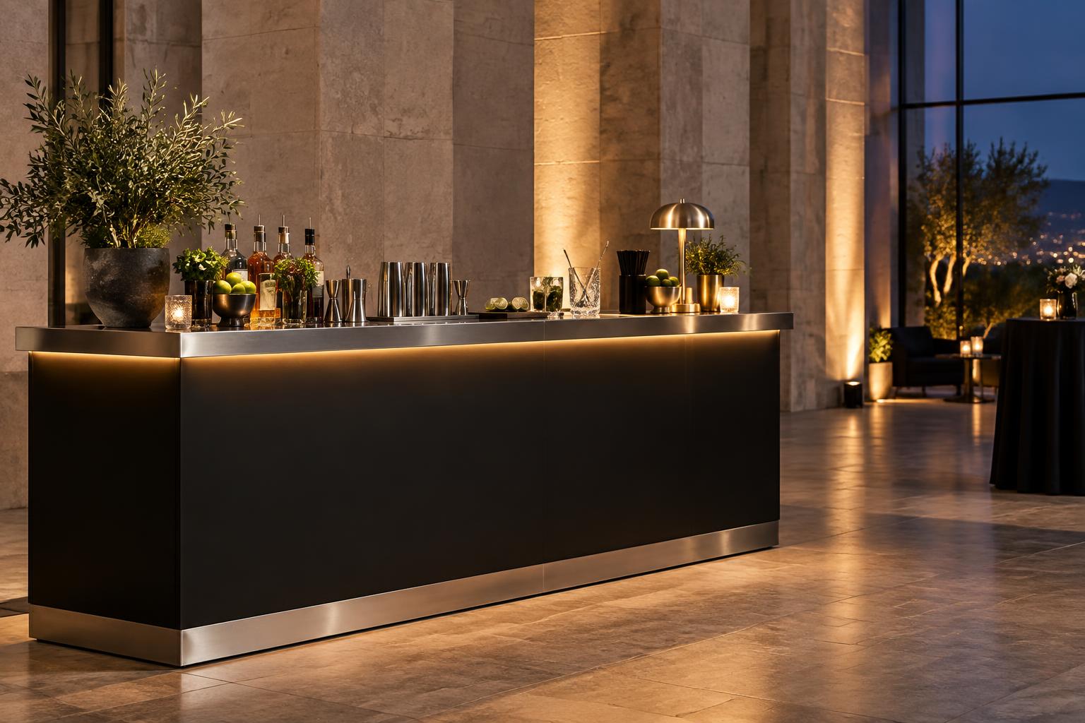 Station cocktail avec éclairage d’ambiance pour un événement